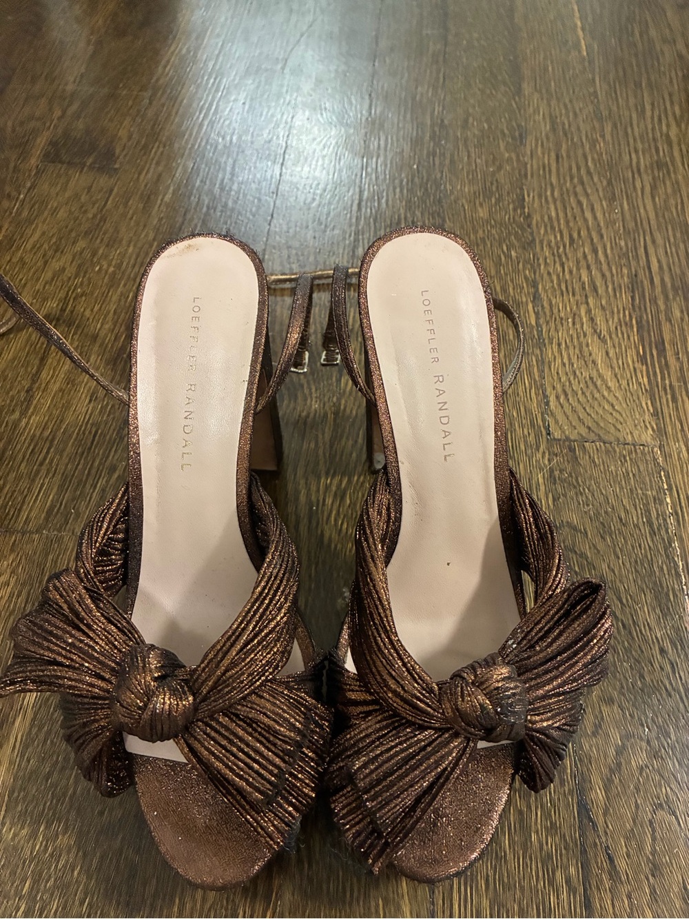 Loeffler Randall Metallic Bronze Knot-Front Block Heel Sandals
